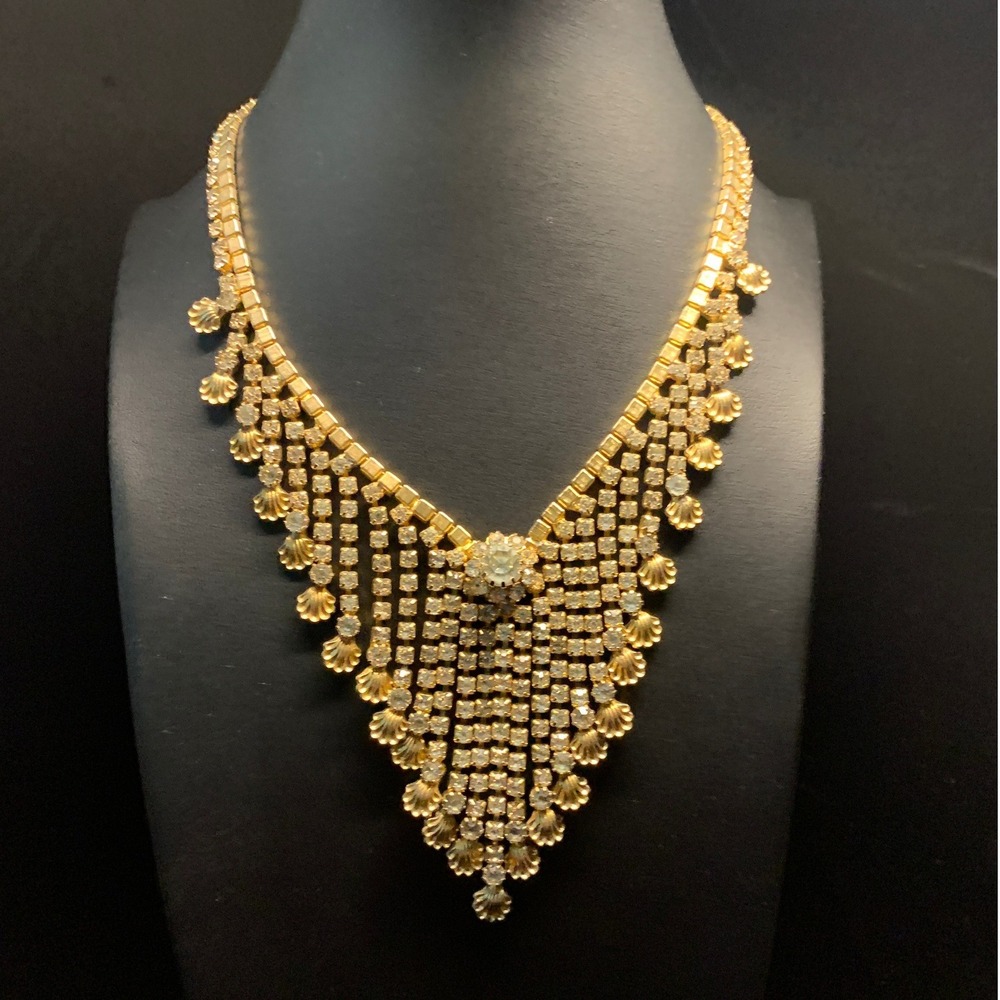 Gold Tone Statement Necklace Rhinestone Fringe Shell Charms 14"